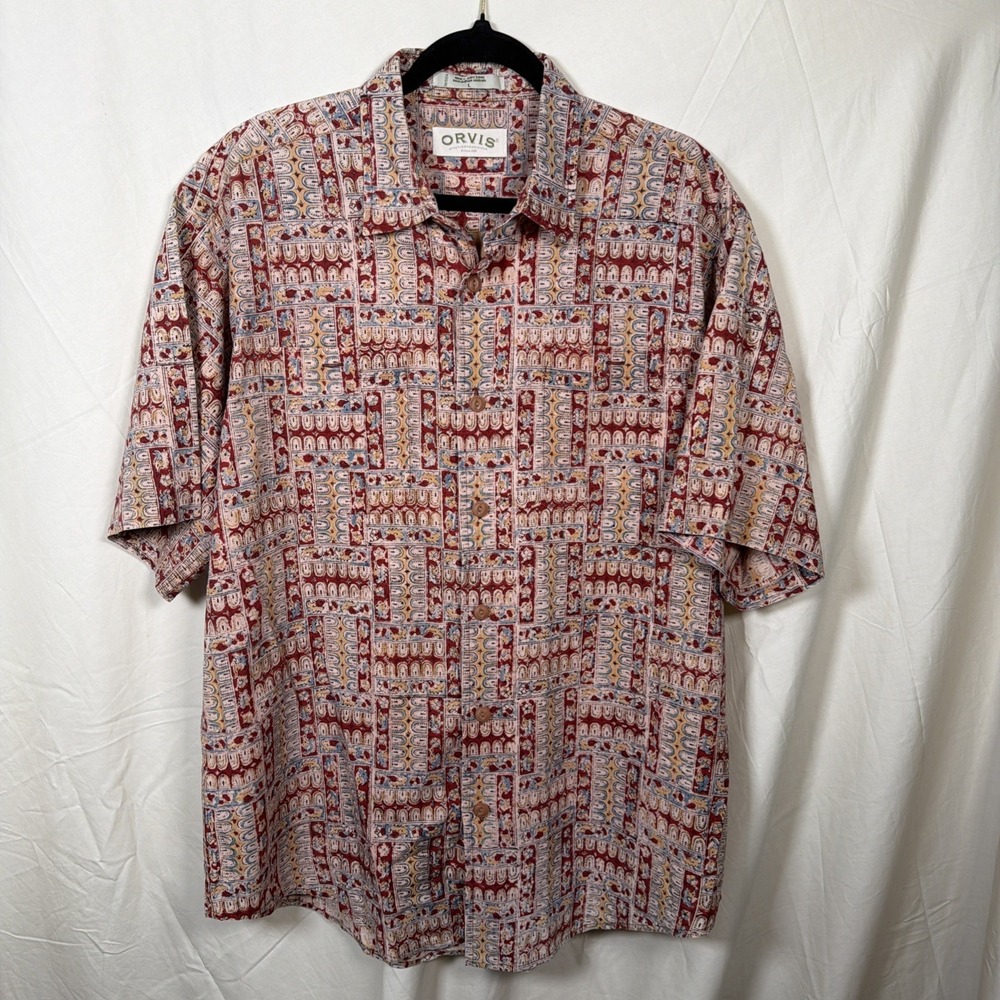Orvis Mens Large Short Sleeve Button Front Shirt All Over Print‎ Casual